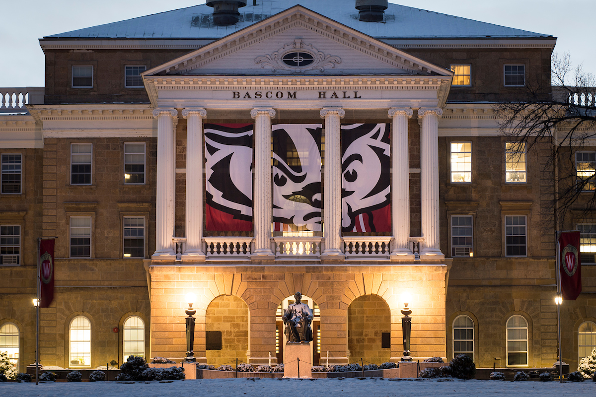 Lincoln statue in front of Bascom Hall at night