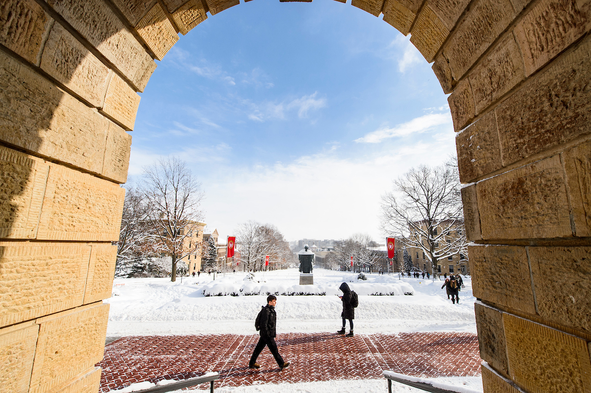 View of pedestrians and Lincoln statue on Bascom Hill from the Bascom Hall