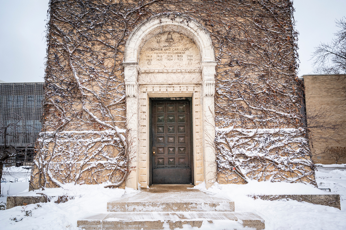 Snow covers the Carillon Tower door