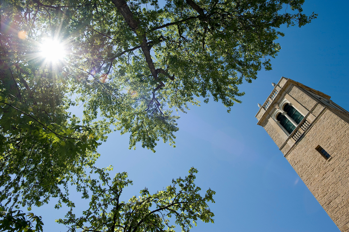 Sewell Tower against a blue sky with green tree